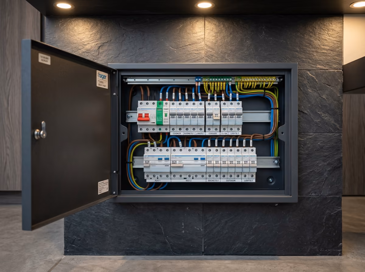 Modern residential dual-RCD metal consumer unit with circuit breakers and surge protection