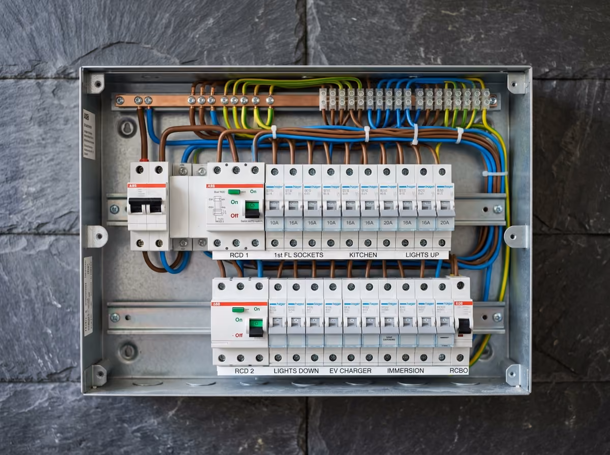 Dual RCD metal consumer unit fuse board installation with circuit breakers