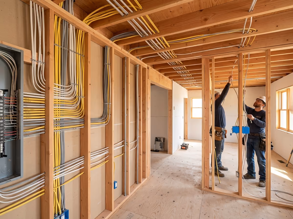 Professional residential house rewiring installation in progress