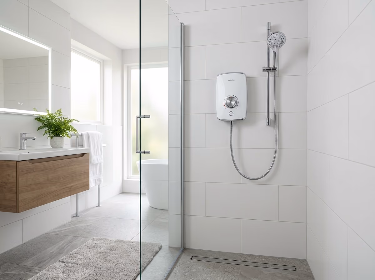 Modern wall-mounted electric shower installation in luxury bathroom